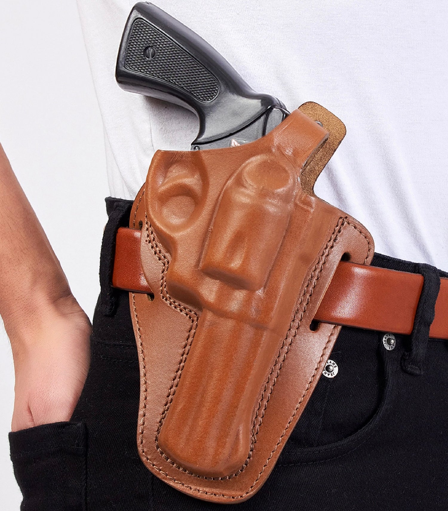Leather revolver Holster OWB Pancake 22 38 gun holsters outside carry adjustable belt black brown J Frame Smith & Wesson Ruger LCR Taurus 905 handgun thumb break open men women western 3 Inch barrel caliber 357 magnum concealed carry right hand