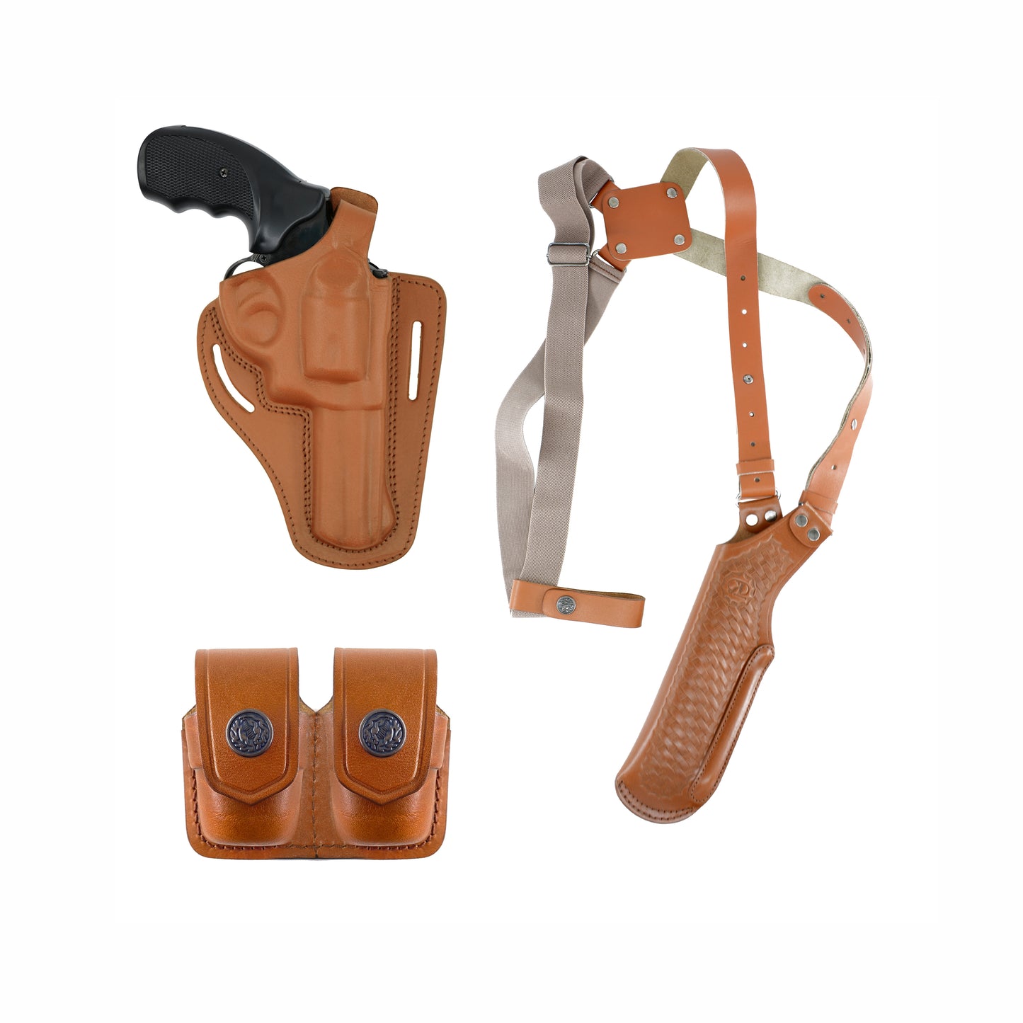 K40030538-357 Combo Basketweave Leather Vertical Shoulder Holster & Pancake Holster & Double Speedloader Case for 357 Magnum & Similar Revolvers 4" RH