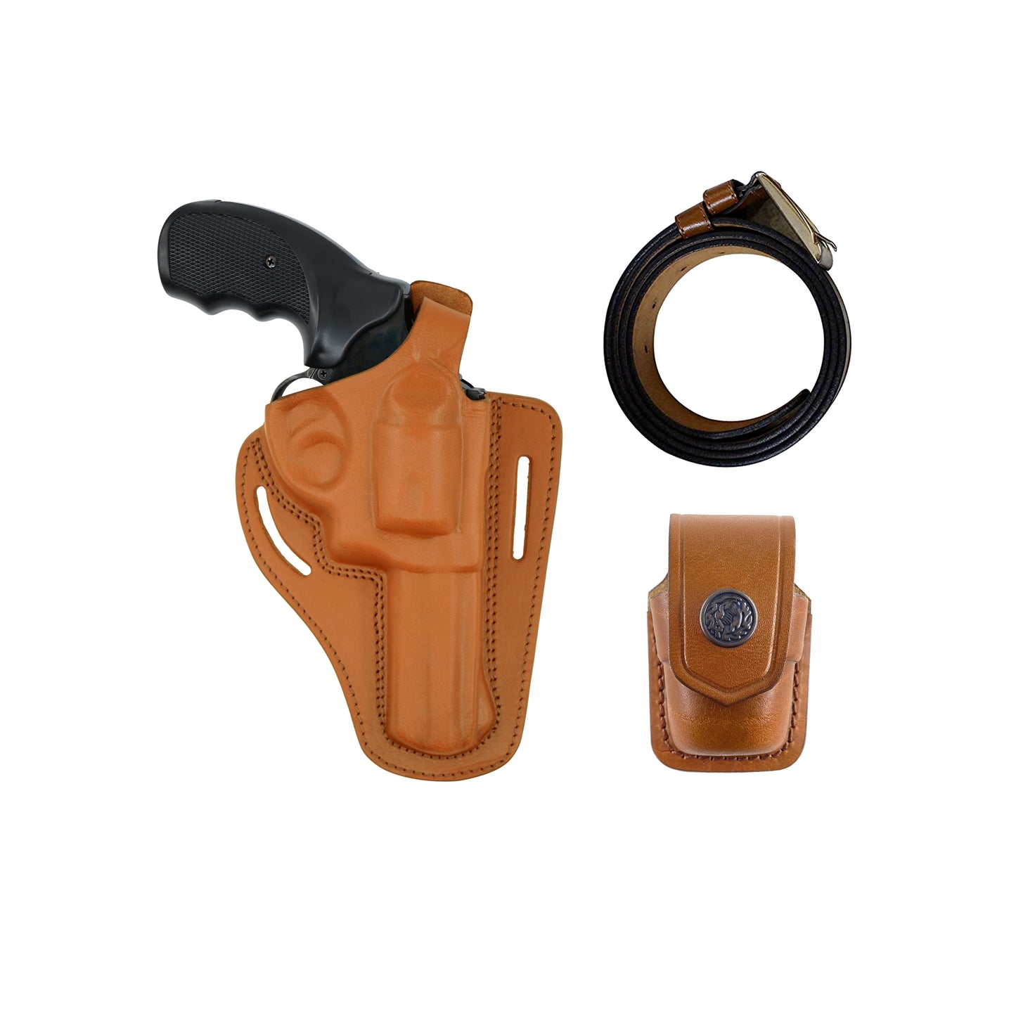 AlisB30537 2 Slot Pancake OWB Leather Holster Thumb Break Right Hand Fits 357 Magnum with Single Speedloader Case & Belt Handmade!
