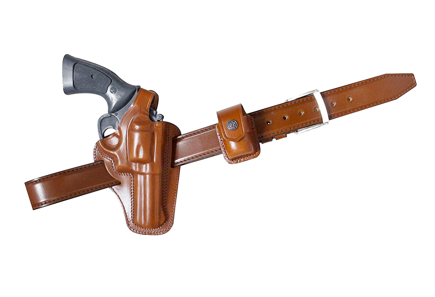 AlisB30537 2 Slot Pancake OWB Leather Holster Thumb Break Right Hand Fits 357 Magnum with Single Speedloader Case & Belt Handmade!