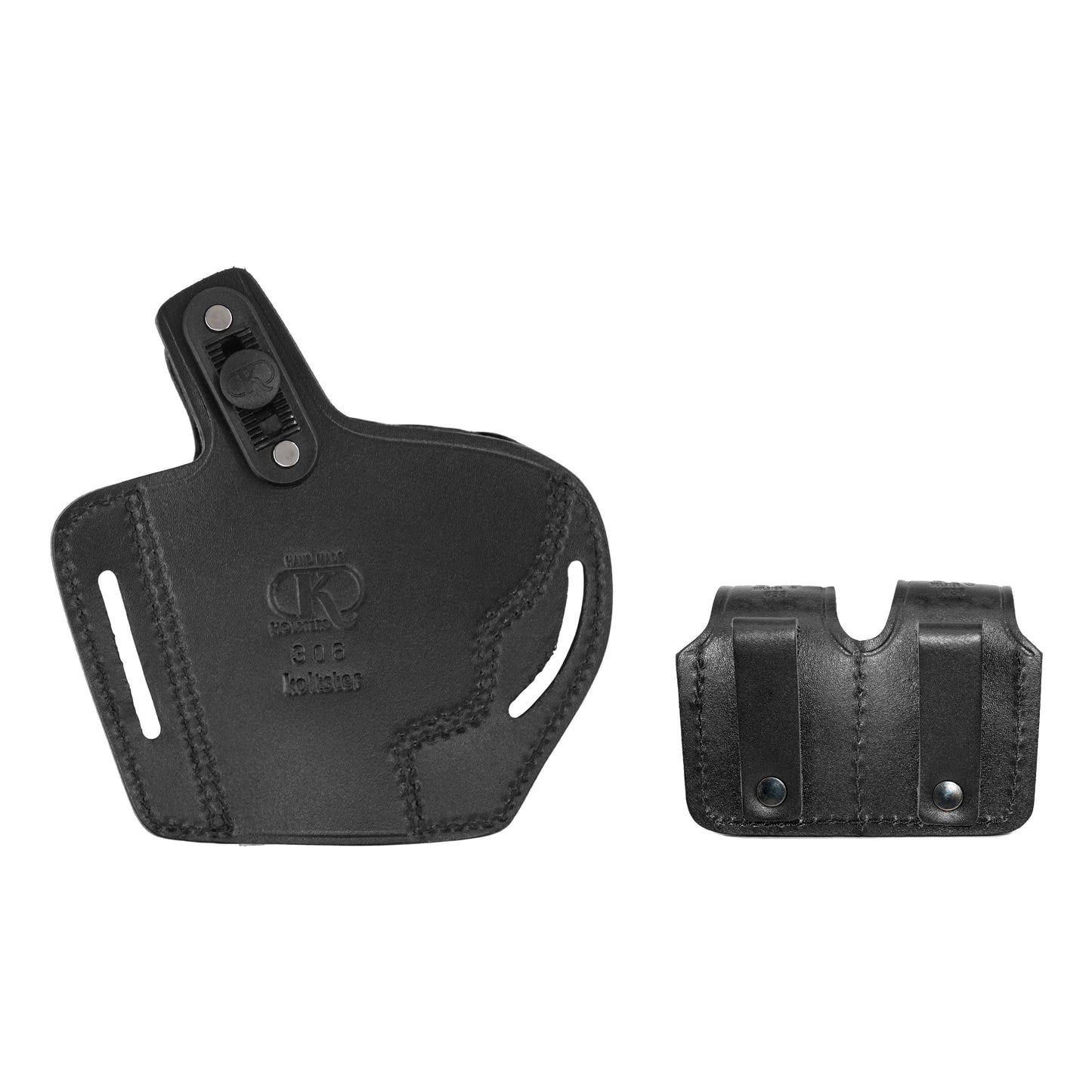 ALIS30638 2 Slot Pancake Leather Holster Thumb Break Open-end RH & Double Speedloader Case Fits 357 Magnum Handmade!