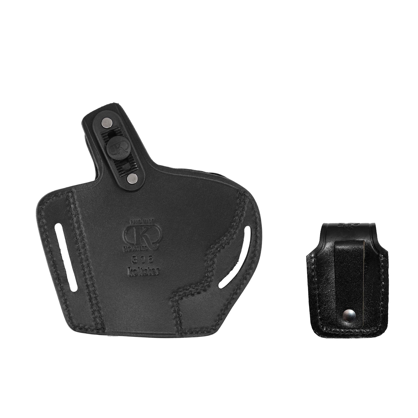 357 Magnum Pancake Leather Holster, Thumb Break 2 Slot Open-end RH & Single Speedloader Case Handmade! (ALIS30637)