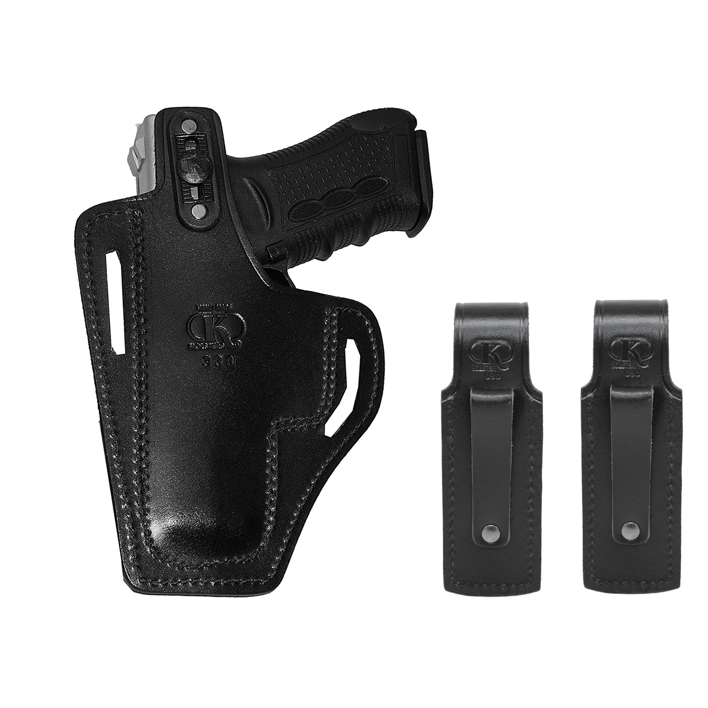 ALIS3372090 Pancake Leather Holster Thumb Break RH & Two Single Magazine Pouches for Glock 17 Glock 22 Handmade!