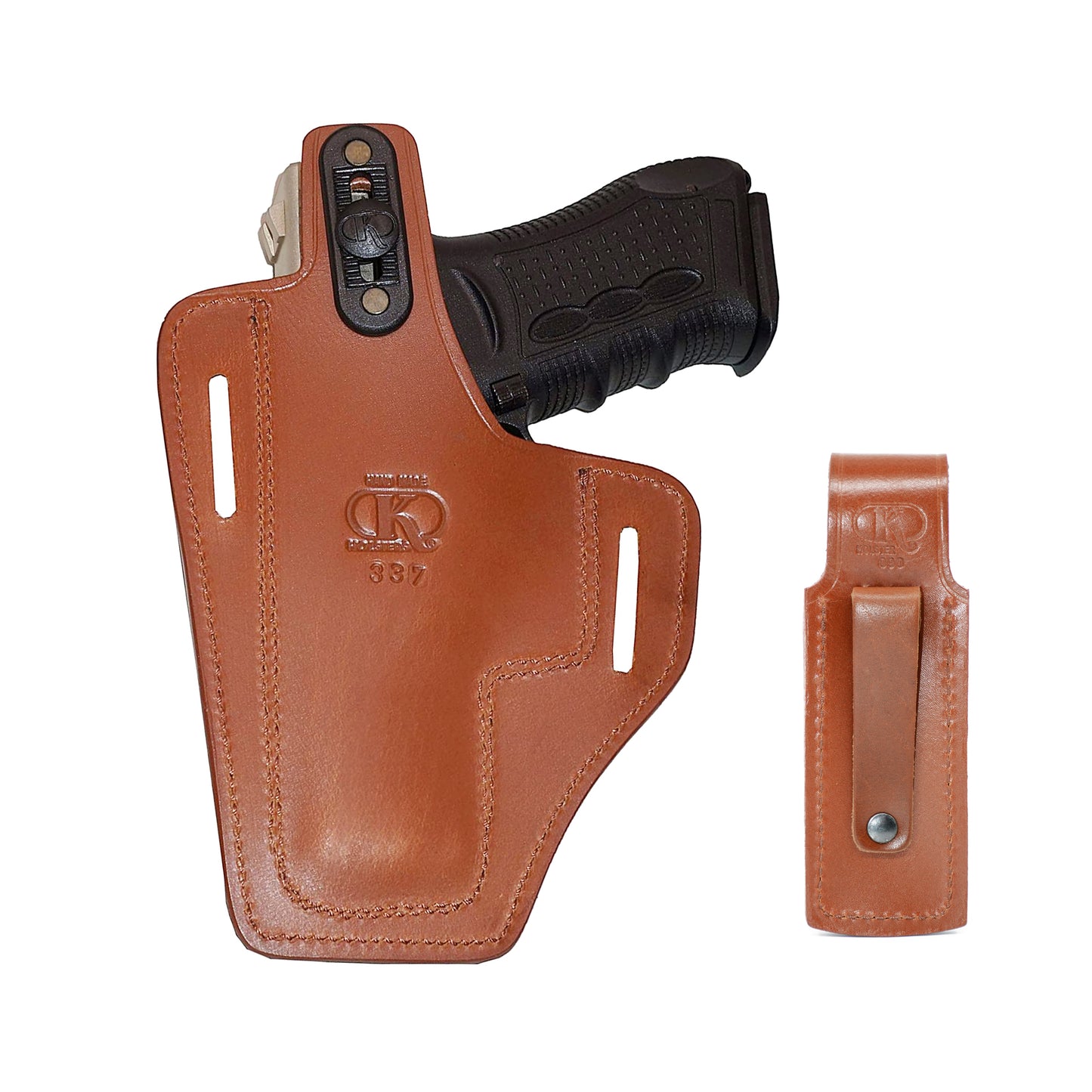 ALIS337090 Pancake Leather Holster Thumb Break RH & Single Magazine Pouch for Glock 17 Glock 22 Handmade!