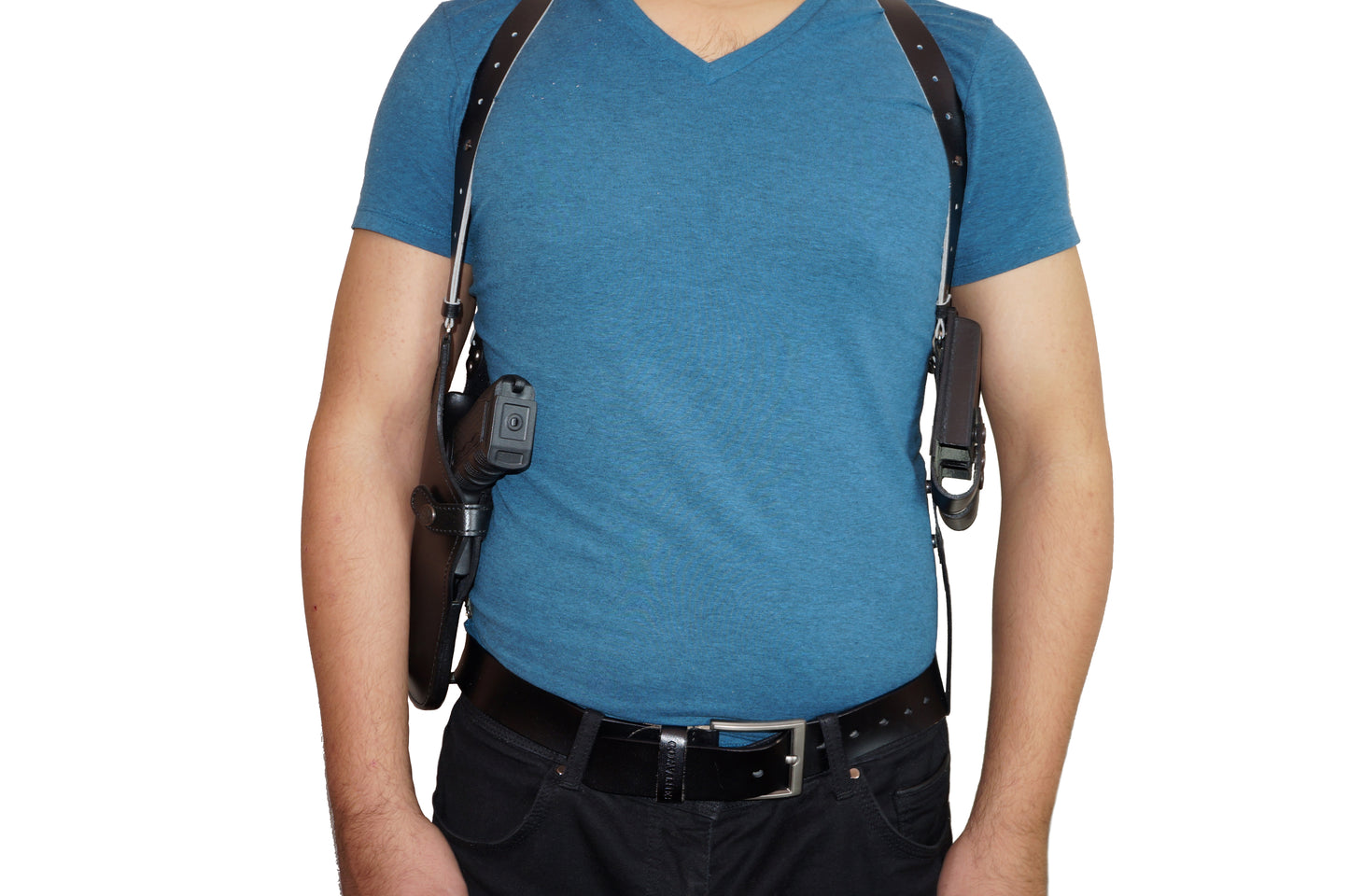 L45303 Leather Vertical Shoulder Holster with Double Magazine Pouch Soft Fabric Interior Lining Colt 1911 up to 5" Left Handed Handmade!