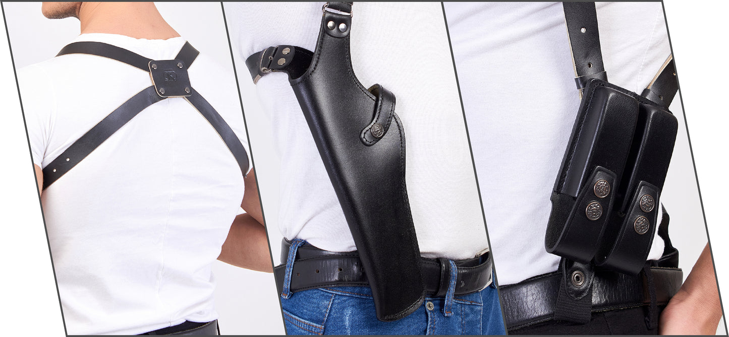 L45303 Leather Vertical Shoulder Holster with Double Magazine Pouch Soft Fabric Interior Lining Colt 1911 up to 5" Left Handed Handmade!