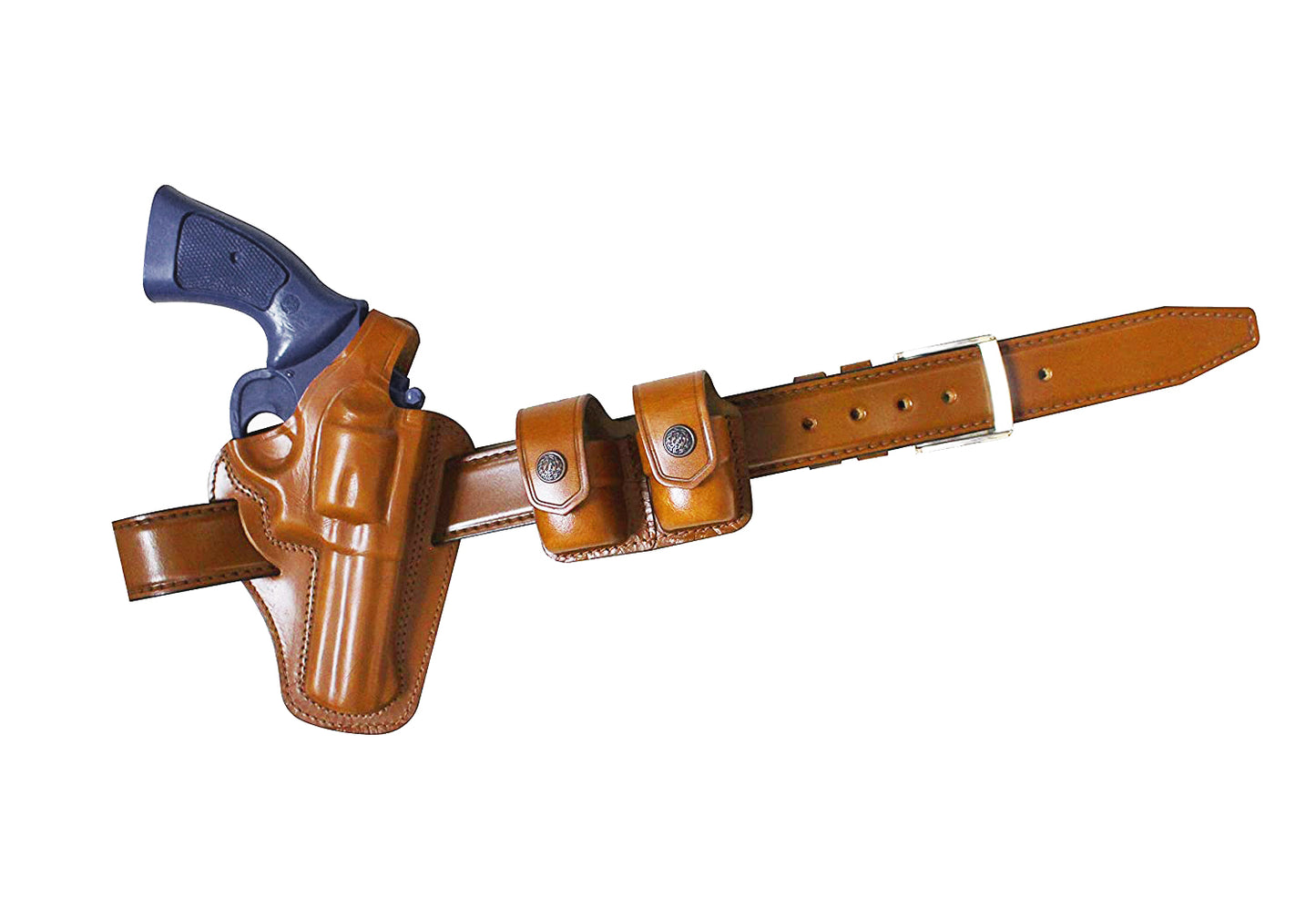 AlisB30538 2 Slot Pancake OWB Leather Holster Thumb Break Right Hand Fits 357 Magnum with Double speedloader Case & Belt Handmade!