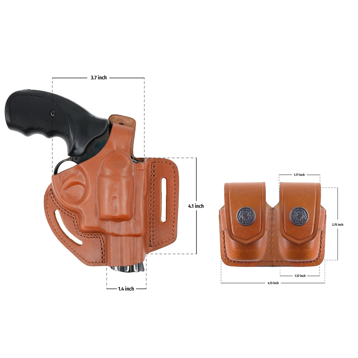 ALIS30638 2 Slot Pancake Leather Holster Thumb Break Open-end RH & Double Speedloader Case Fits 357 Magnum Handmade!