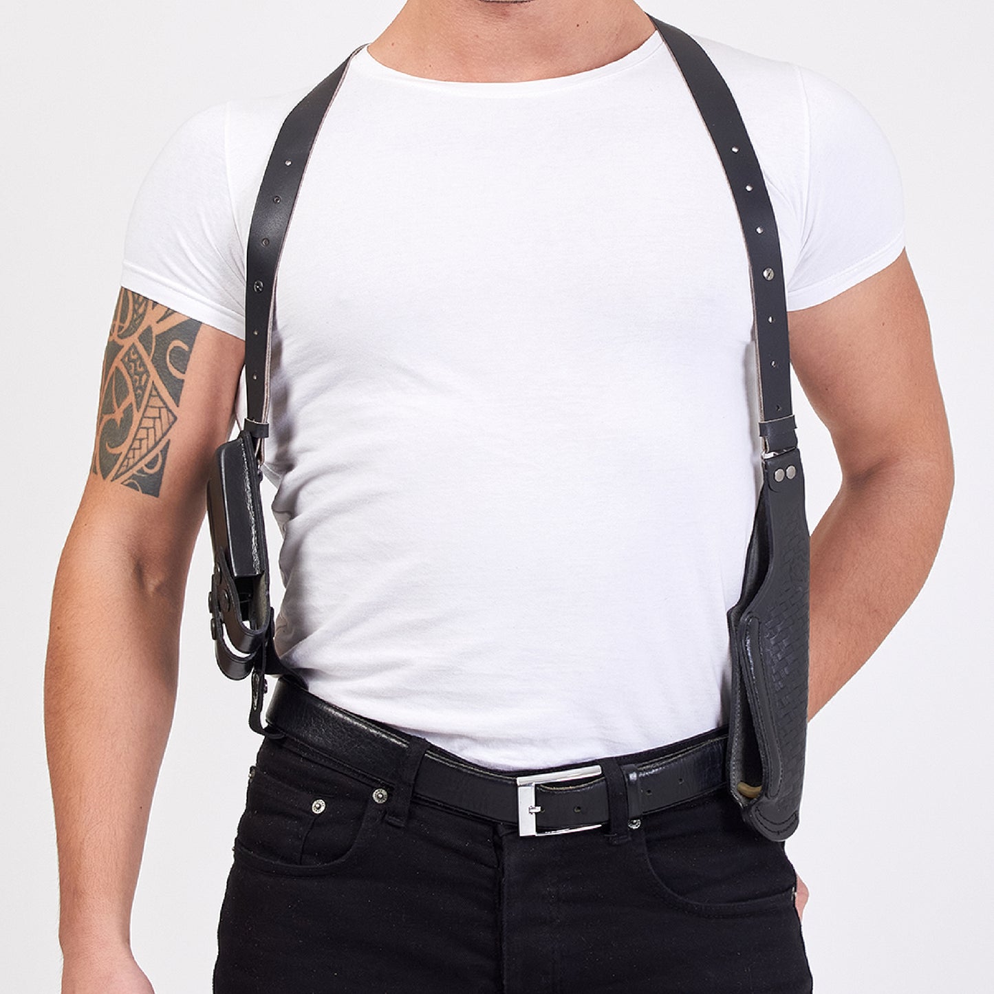 K447 Basketweave Vertical Shoulder Holster with Double Magazine Pouch for Beretta CZ 75 Browning HP Sig Sauer P226 with 4" Barrel RH Handmade