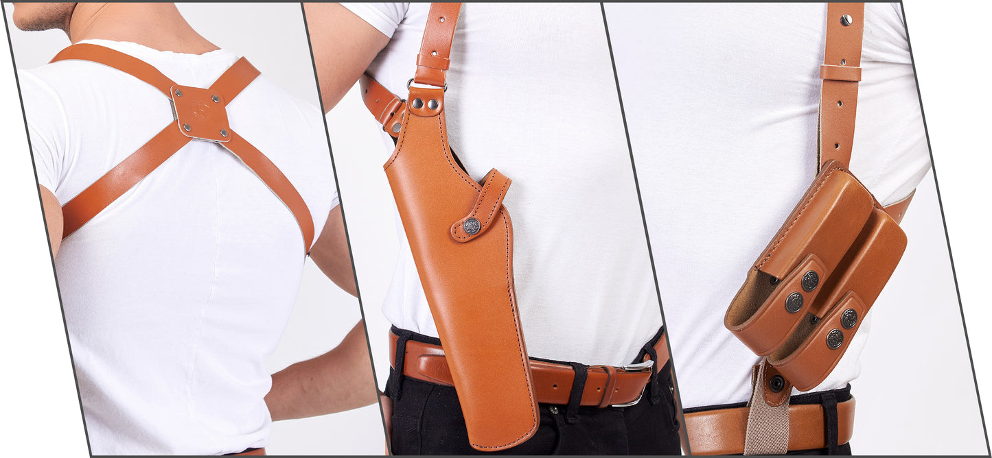 L45303 Leather Vertical Shoulder Holster with Double Magazine Pouch Soft Fabric Interior Lining Colt 1911 up to 5" Left Handed Handmade!