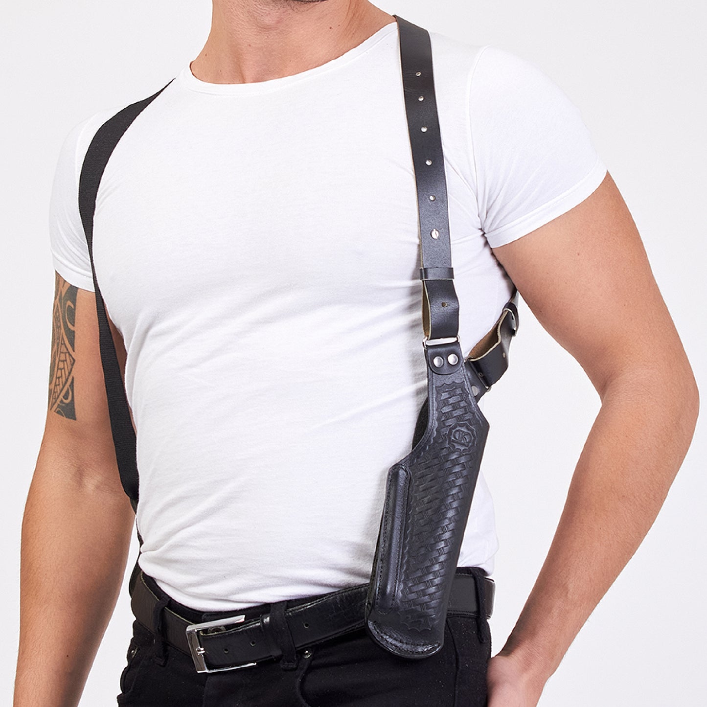Koltster K40038-357 Basketweave Leather Vertical Shoulder Holster & Double Speedloader Case 357 Magnum & Similar Revolvers 4" RH Handmade! (Black)