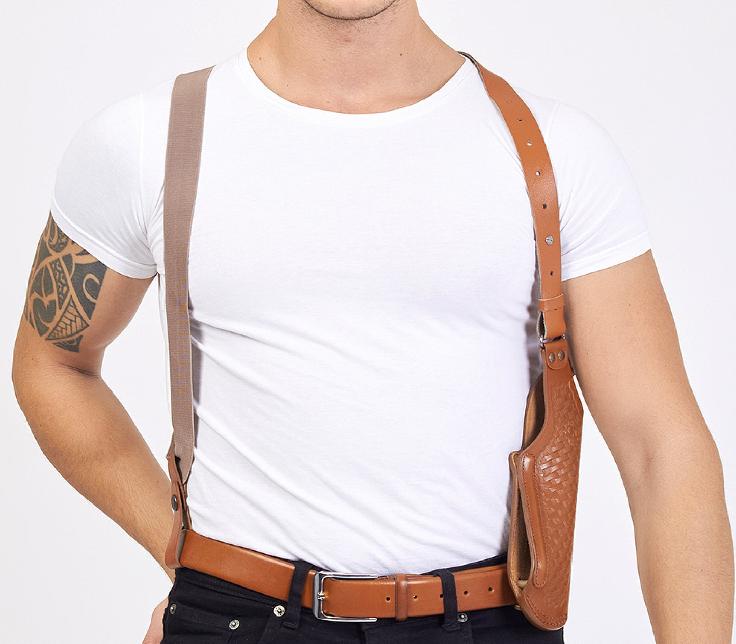 Koltster K40038-357 Basketweave Leather Vertical Shoulder Holster & Double Speedloader Case 357 Magnum & Similar Revolvers 4" RH Handmade! (Black)