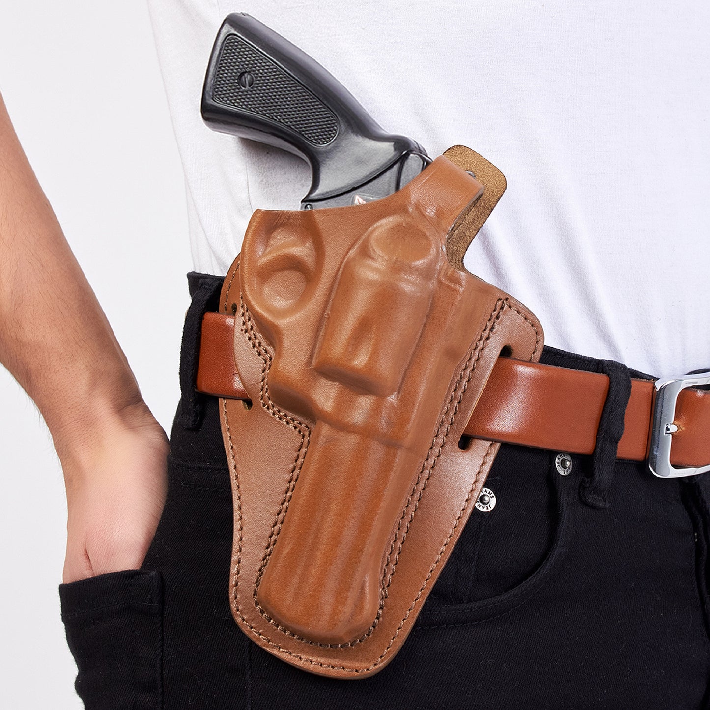 ALIS30538 2 Slot Pancake Leather Holster Thumb Break RH & Double Speedloader Case Fits 357 Magnum with 4" Handmade!