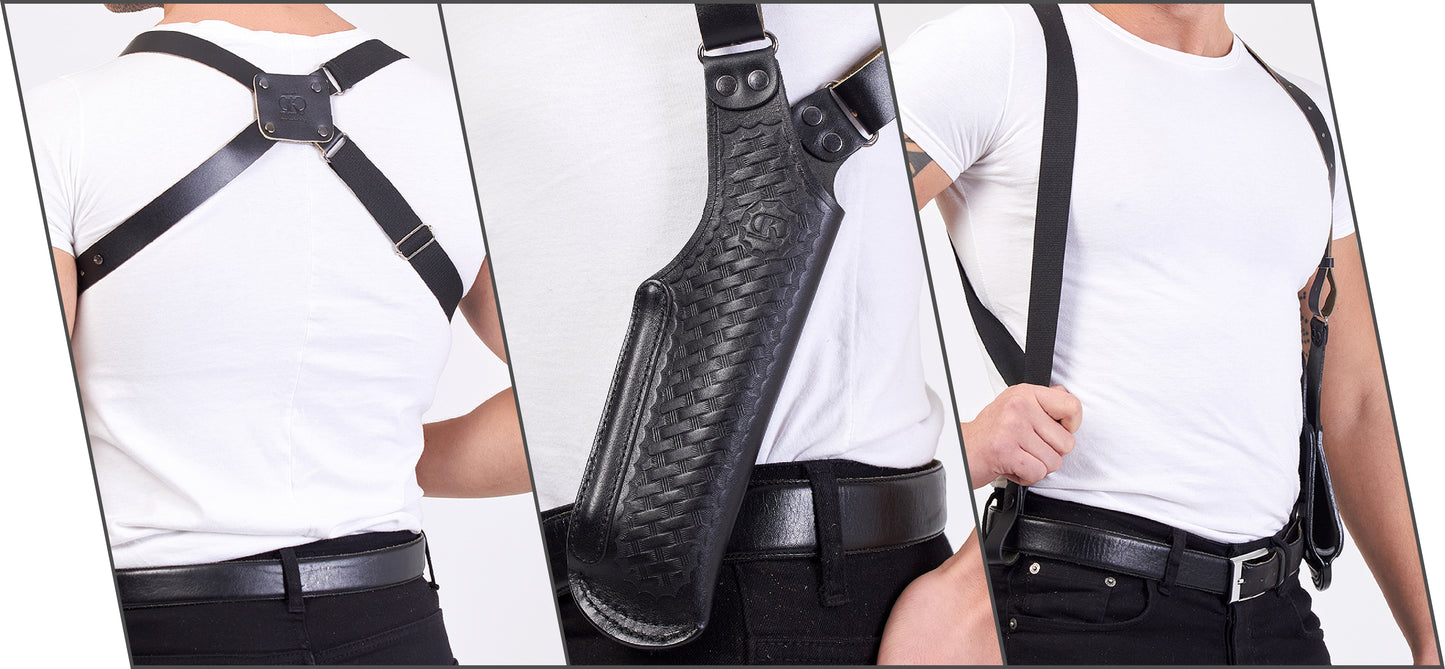 Koltster K40038-357 Basketweave Leather Vertical Shoulder Holster & Double Speedloader Case 357 Magnum & Similar Revolvers 4" RH Handmade! (Black)