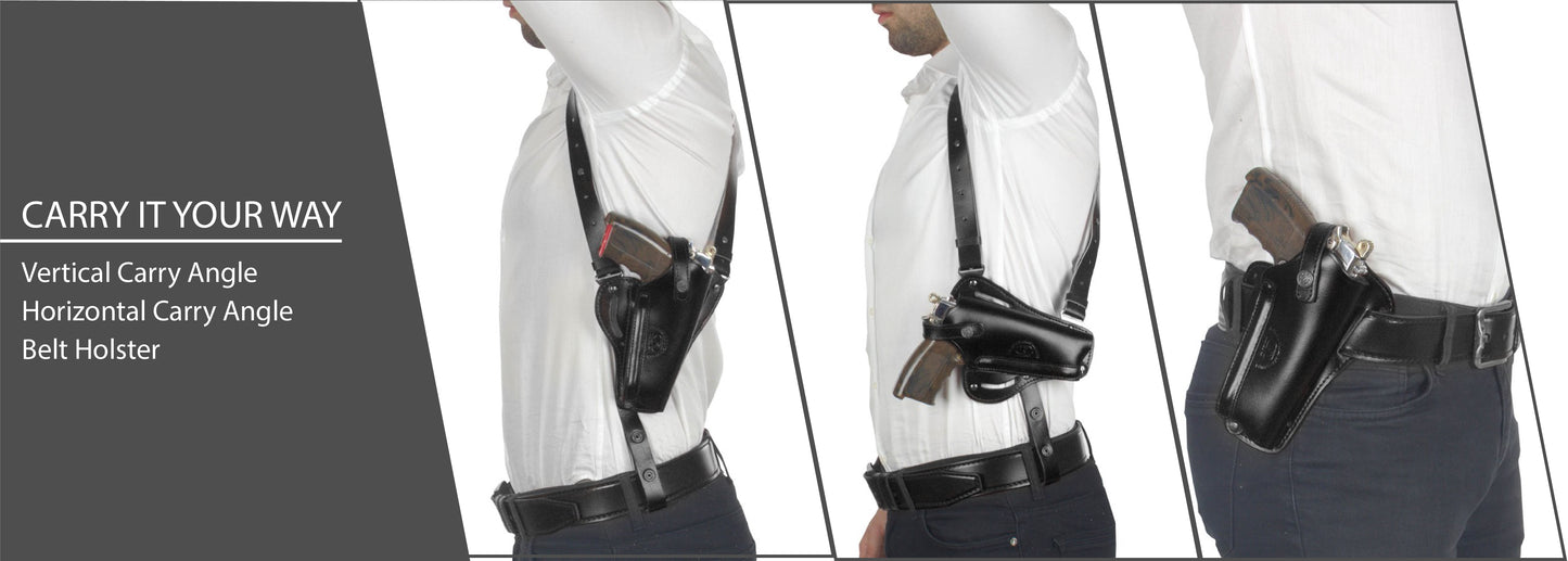 Leather Vertical-Horizontal Shoulder & Belt Holster for 9mm .40 .45 Caliber Semi-Autos 4" Handmade! (ALIS445)