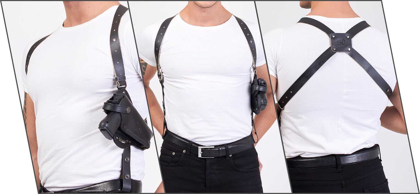 Koltster ALIS44503 Vertical- Horizontal Shoulder & Belt Holster with Double Mag Pouch Fits Colt Springfield Ruger Taurus 1911 RH Handmade! (Black)