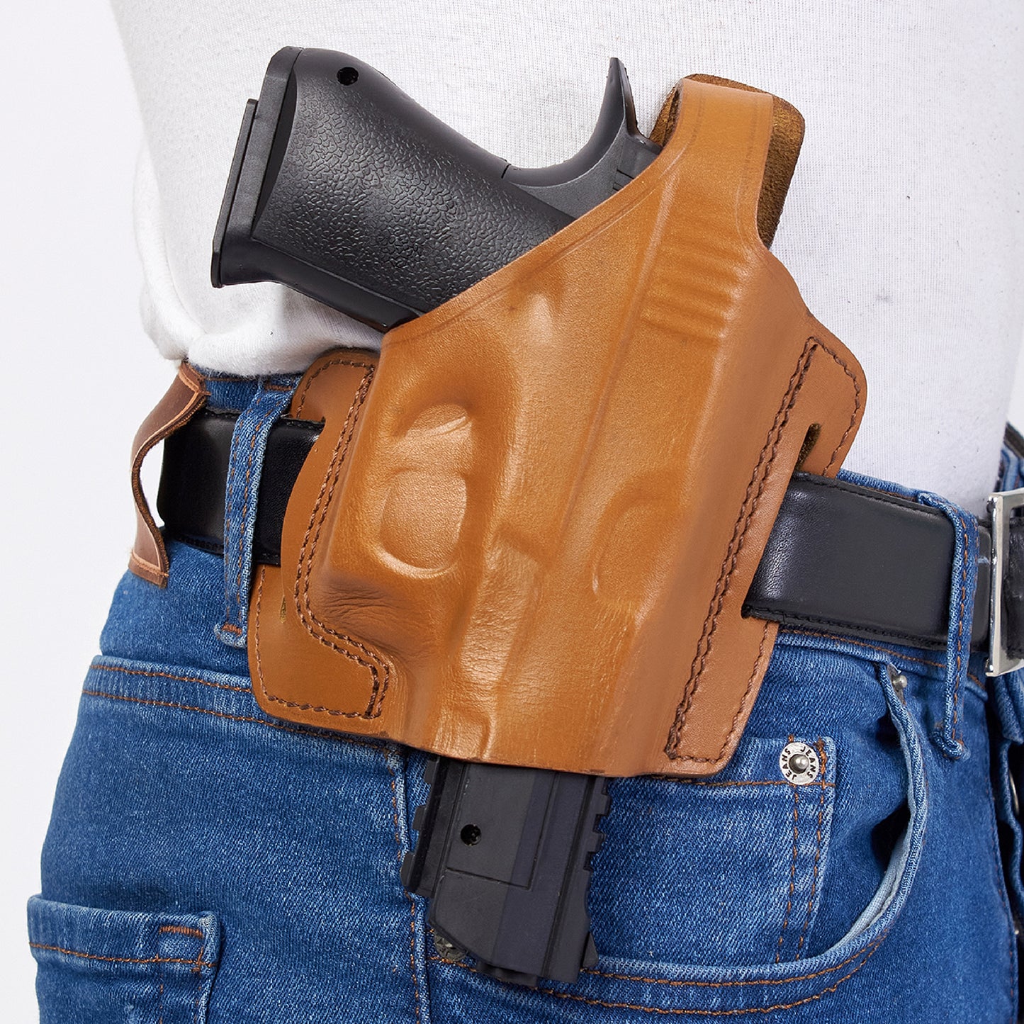 Pancake Leather Holster, 2 Slot Thumb Break Fits Glock 17 19 22 23 26 27 RH Handmade (ALIS340)