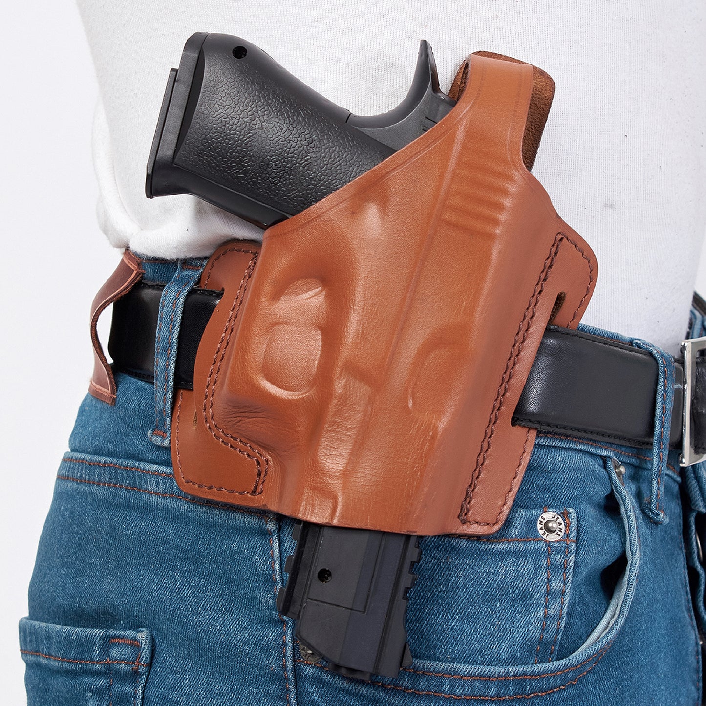ALS34092 Pancake Leather Holster Open-end Thumb Break RH & Double Magazine Pouch for Glock 17 19 22 23 Handmade!