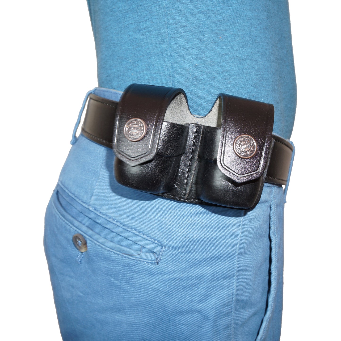 ALIS30538 2 Slot Pancake Leather Holster Thumb Break RH & Double Speedloader Case Fits 357 Magnum with 4" Handmade!