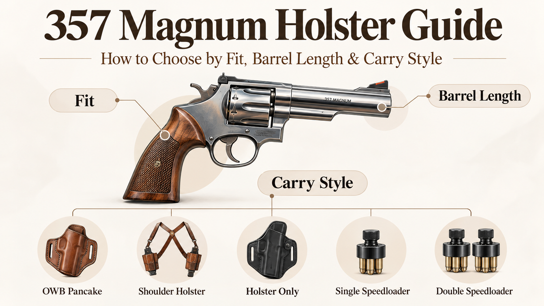 357 Magnum holster guide comparing firearm fit, barrel length, OWB pancake, shoulder holster and speedloader carry options