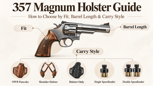 357 Magnum holster guide comparing firearm fit, barrel length, OWB pancake, shoulder holster and speedloader carry options