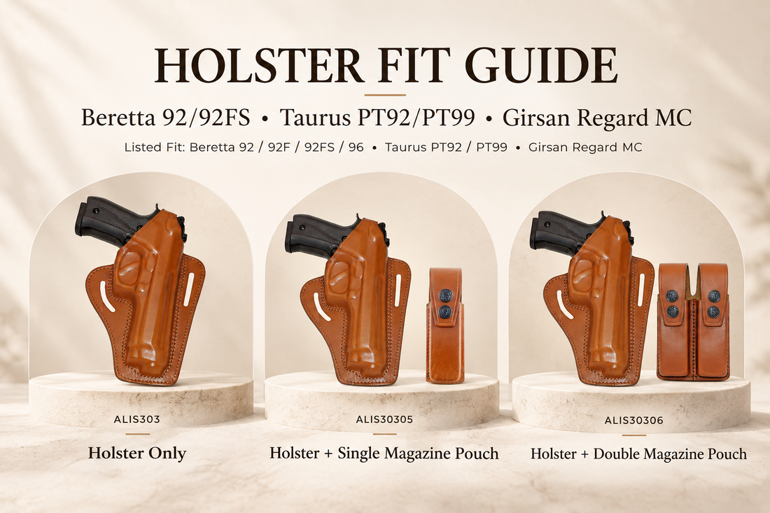 Koltster 303 holster fit guide showing ALIS303, ALIS30305 and ALIS30306 options for Beretta 92 series, Taurus PT92/PT99 and Girsan Regard MC