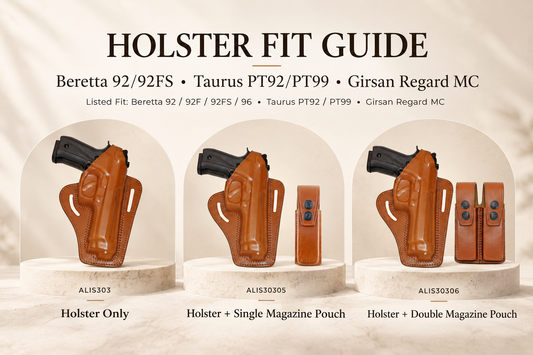 Koltster 303 holster fit guide showing ALIS303, ALIS30305 and ALIS30306 options for Beretta 92 series, Taurus PT92/PT99 and Girsan Regard MC