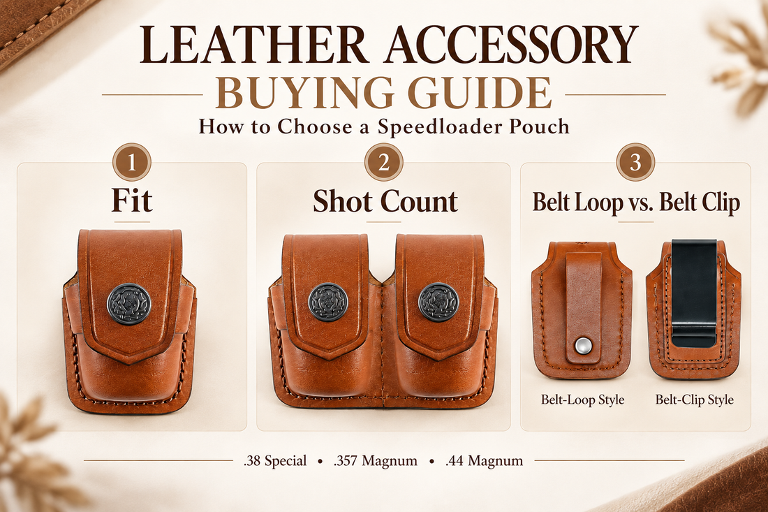 Leather speedloader pouch fit guide for .38 Special, .357 Magnum and .44 Magnum showing fit, shot count, belt loop and belt clip options