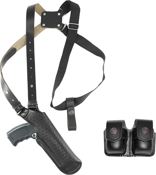 Basketweave Leather Vertical Shoulder Holster & Double Speedloader Case 357 Magnum & Similar Revolvers 4" Handmade!