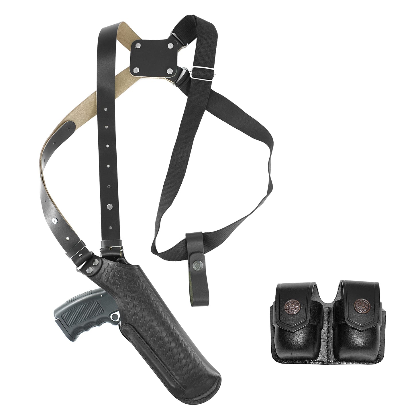 Basketweave Leather Vertical Shoulder Holster & Double Speedloader Case 357 Magnum & Similar Revolvers 4" Handmade!