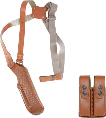 Vertical Shoulder Holster for Beretta 92 92F 96 B803 | Taurus 92&99, Basketweave Leather Shoulder Holster with Double Magazine Pouch Left Handed Handmade! (#L40006-92)