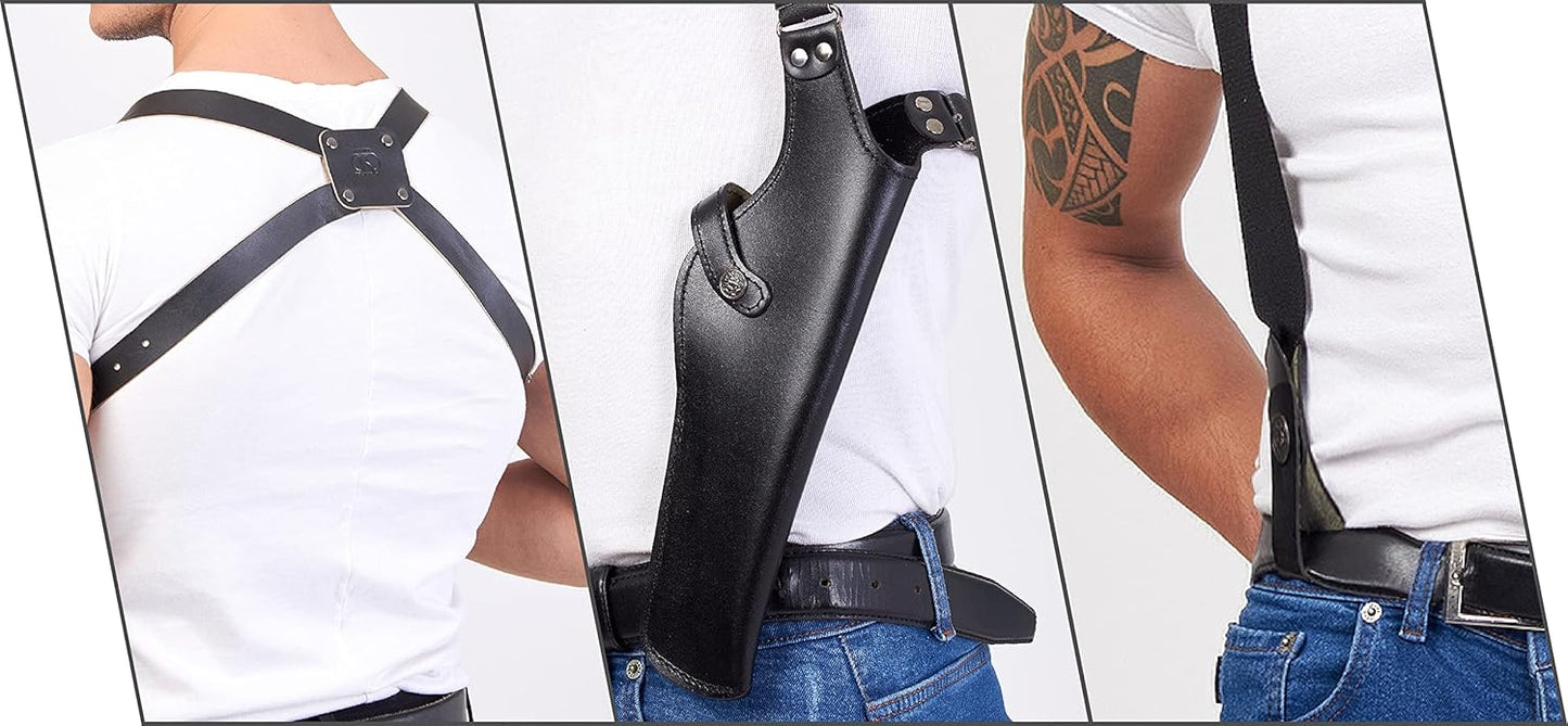 ALIS45206 Vertical Shoulder Leather Holster with Soft Fabric Interior Lining & Double Magazine Pouch Fits Beretta Taurus CZ 75 up to 5” Barrel Handmade!