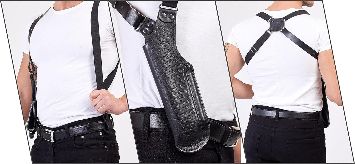 Basketweave Leather Vertical Shoulder Holster & Double Speedloader Case 357 Magnum & Similar Revolvers 4" Handmade!