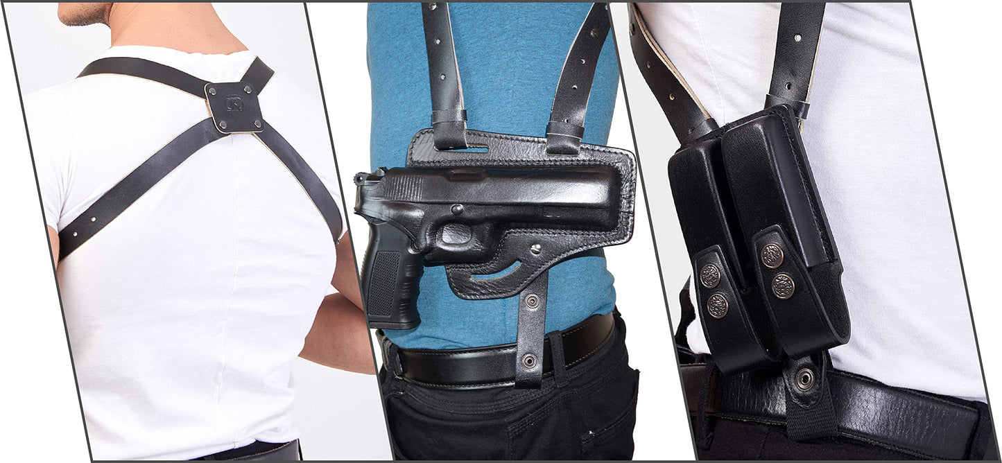 KHS343 Horizontal Shoulder & Belt Holster with Double Magazine Pouch RH Fits Colt Ruger Springfield Taurus 1911 Handmade! Free Extension for Big Body Size!