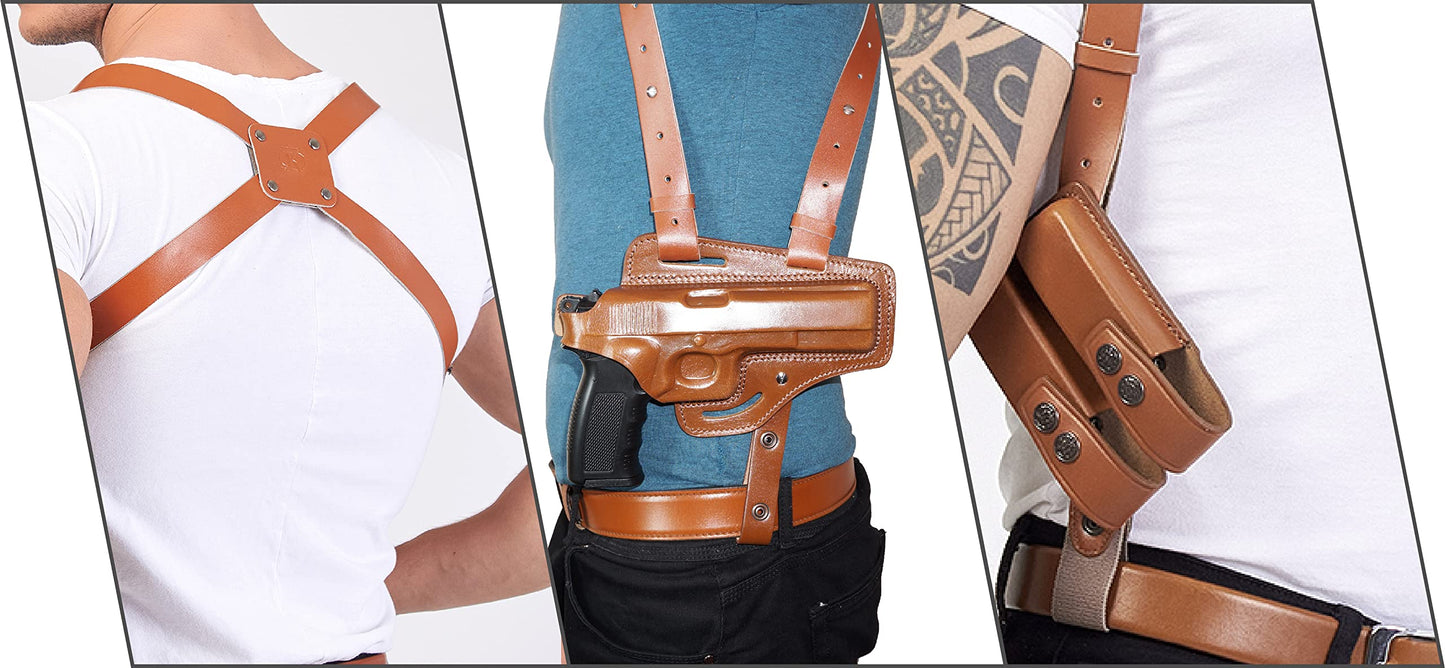 KHS343 Horizontal Shoulder & Belt Holster with Double Magazine Pouch RH Fits Colt Ruger Springfield Taurus 1911 Handmade! Free Extension for Big Body Size!