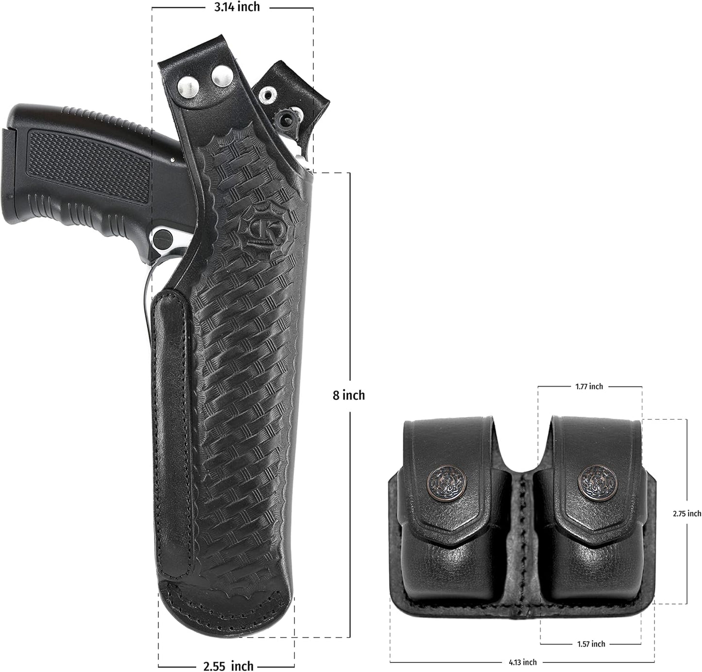 Basketweave Leather Vertical Shoulder Holster & Double Speedloader Case 357 Magnum & Similar Revolvers 4" Handmade!