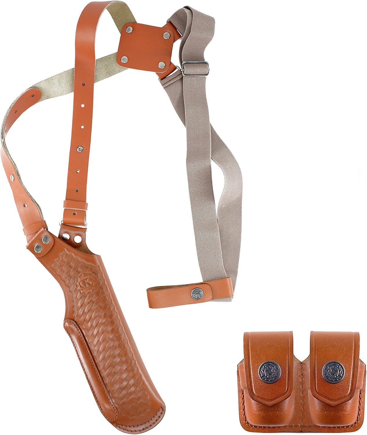 Basketweave Leather Vertical Shoulder Holster & Double Speedloader Case 357 Magnum & Similar Revolvers 4" Handmade!