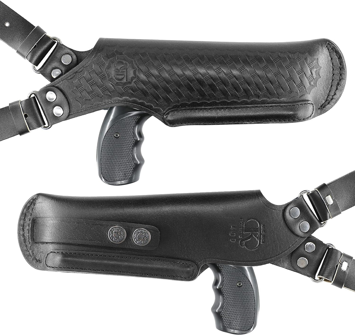 Basketweave Leather Vertical Shoulder Holster & Double Speedloader Case 357 Magnum & Similar Revolvers 4" Handmade!