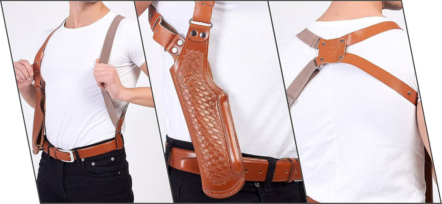 Vertical Shoulder Holster for Beretta 92 92F 96 B803 | Taurus 92&99, Basketweave Leather Shoulder Holster with Double Magazine Pouch Left Handed Handmade! (#L40006-92)