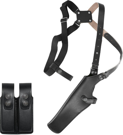 ALIS45206 Vertical Shoulder Leather Holster with Soft Fabric Interior Lining & Double Magazine Pouch Fits Beretta Taurus CZ 75 up to 5” Barrel Handmade!