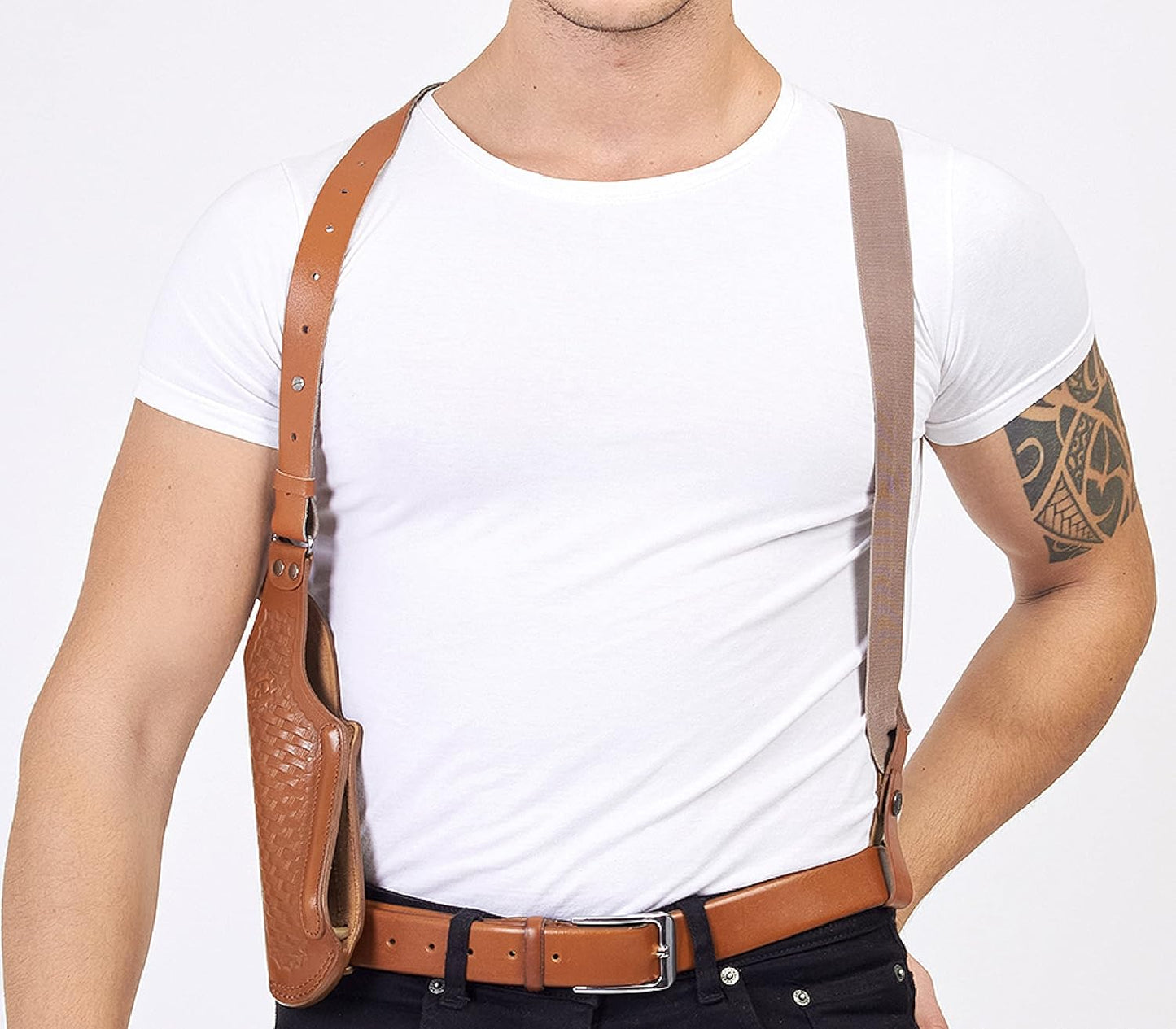 Basketweave Leather Vertical Shoulder Holster & Double Speedloader Case 357 Magnum & Similar Revolvers 4" Handmade!