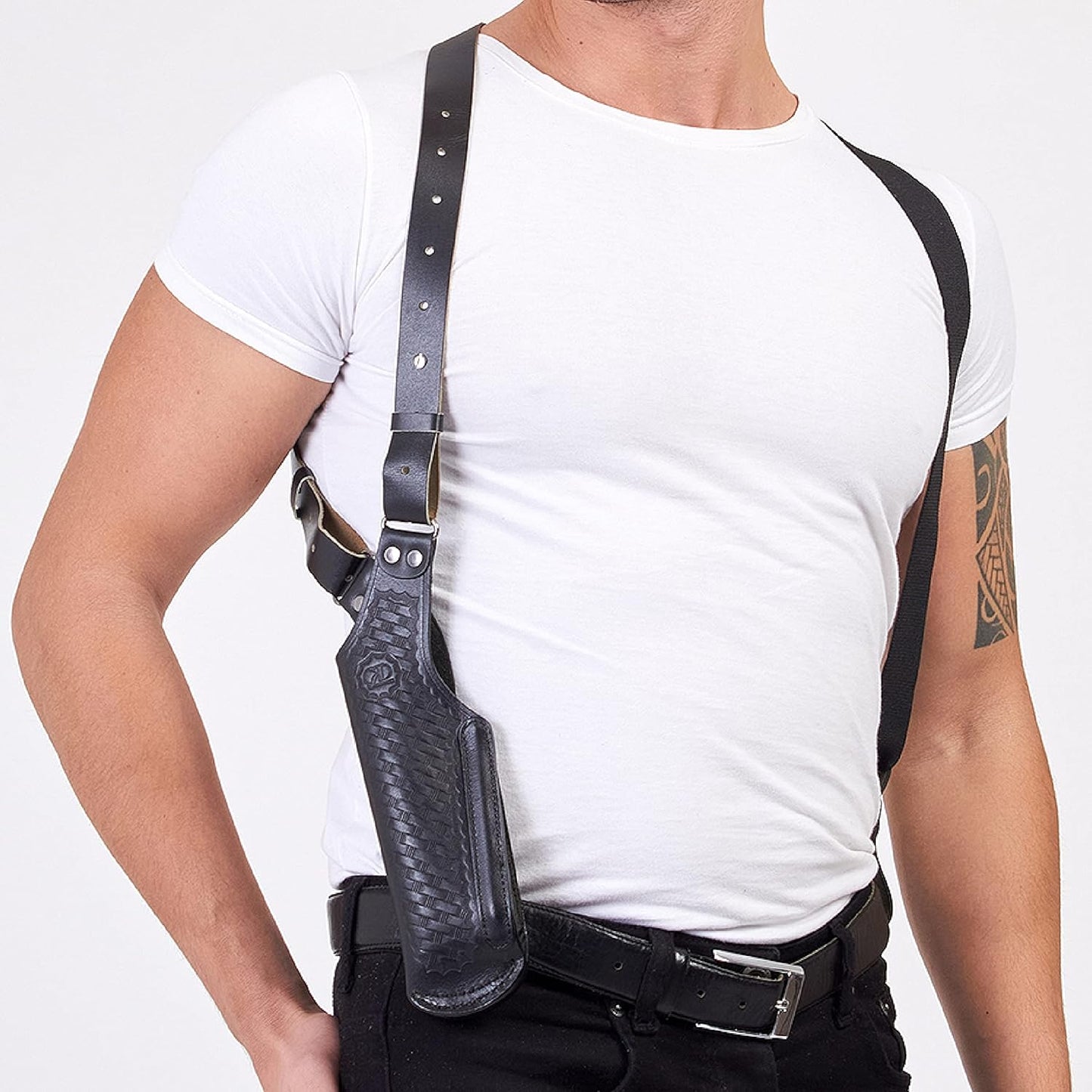 Basketweave Leather Vertical Shoulder Holster & Double Speedloader Case 357 Magnum & Similar Revolvers 4" Handmade!