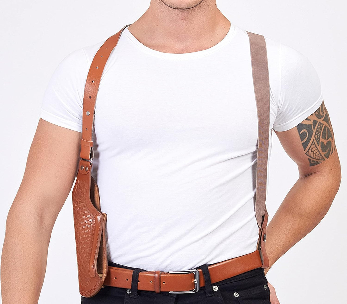 Vertical Shoulder Holster for Beretta 92 92F 96 B803 | Taurus 92&99, Basketweave Leather Shoulder Holster with Double Magazine Pouch Left Handed Handmade! (#L40006-92)
