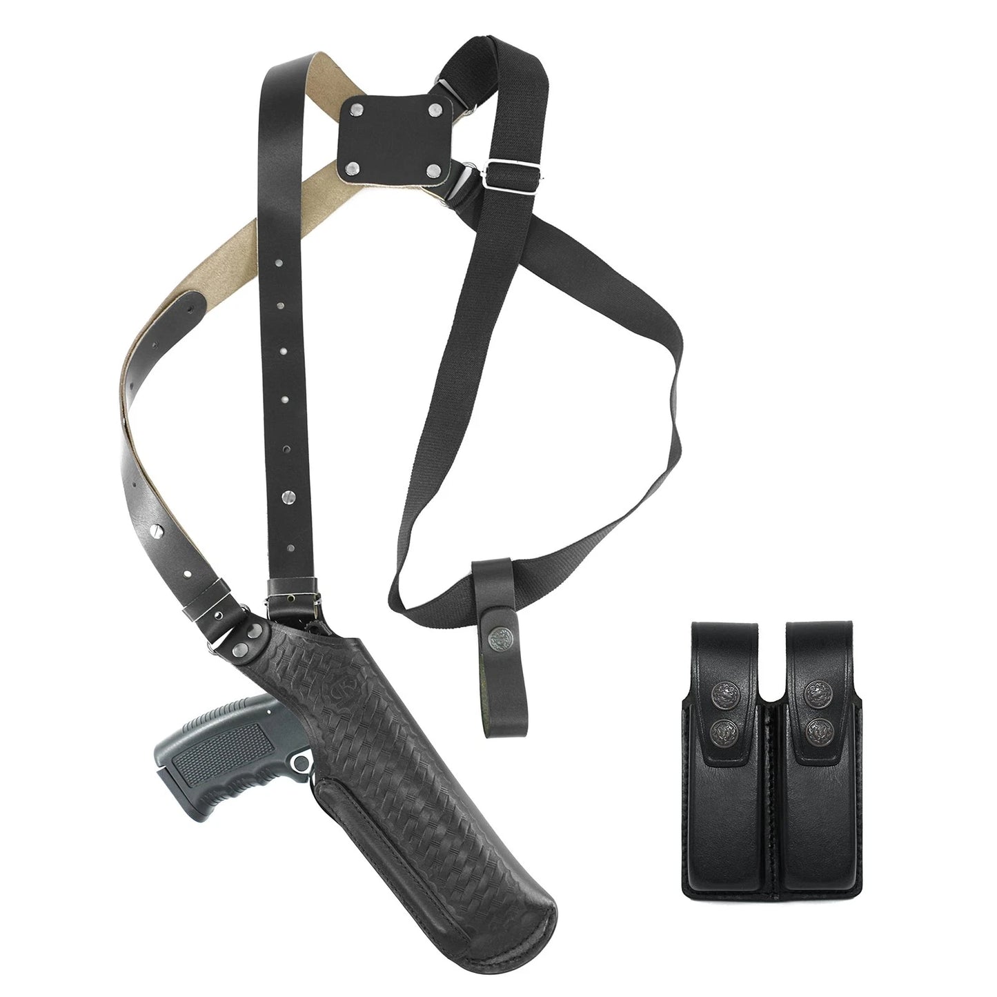 Vertical Shoulder Holster for Beretta 92 92F 96 B803 | Taurus 92&99, Basketweave Leather Shoulder Holster with Double Magazine Pouch Left Handed Handmade! (#L40006-92)