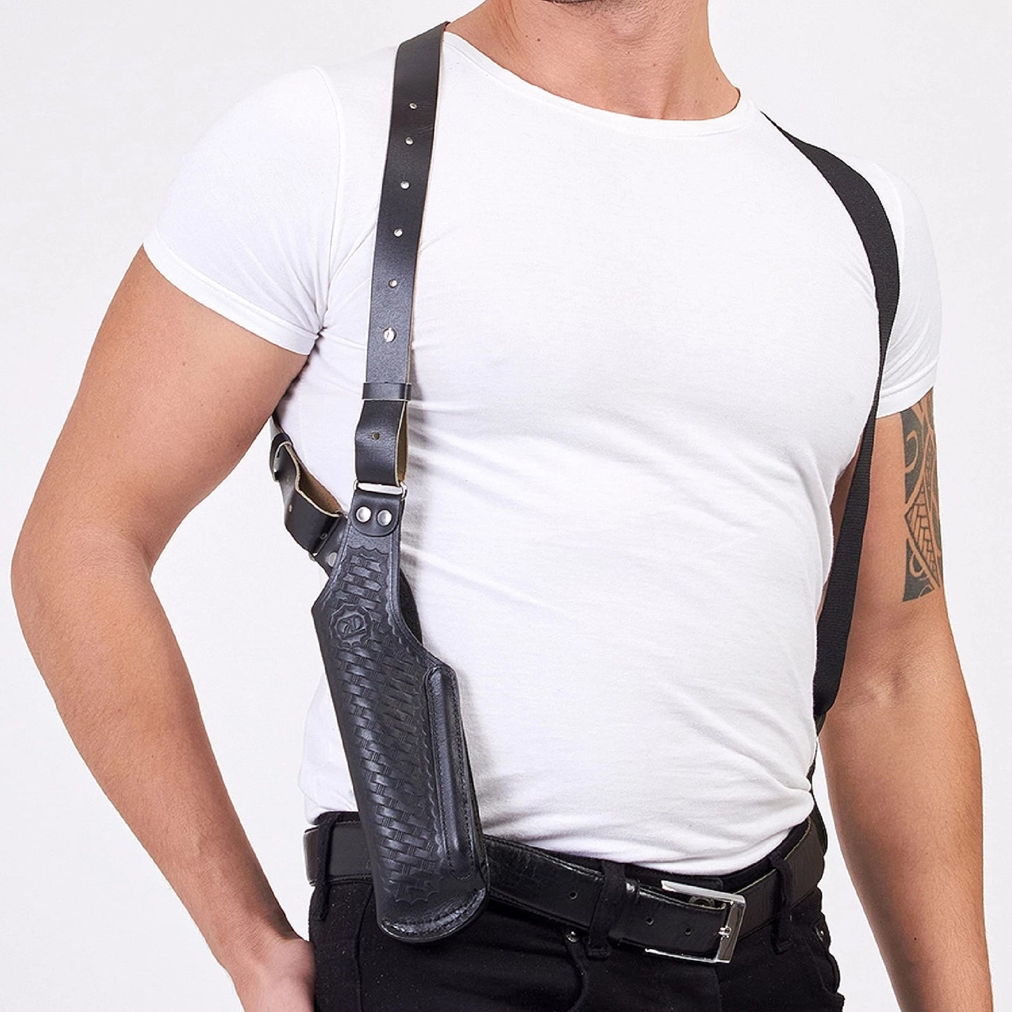 Vertical Shoulder Holster for Beretta 92 92F 96 B803 | Taurus 92&99, Basketweave Leather Shoulder Holster with Double Magazine Pouch Left Handed Handmade! (#L40006-92)