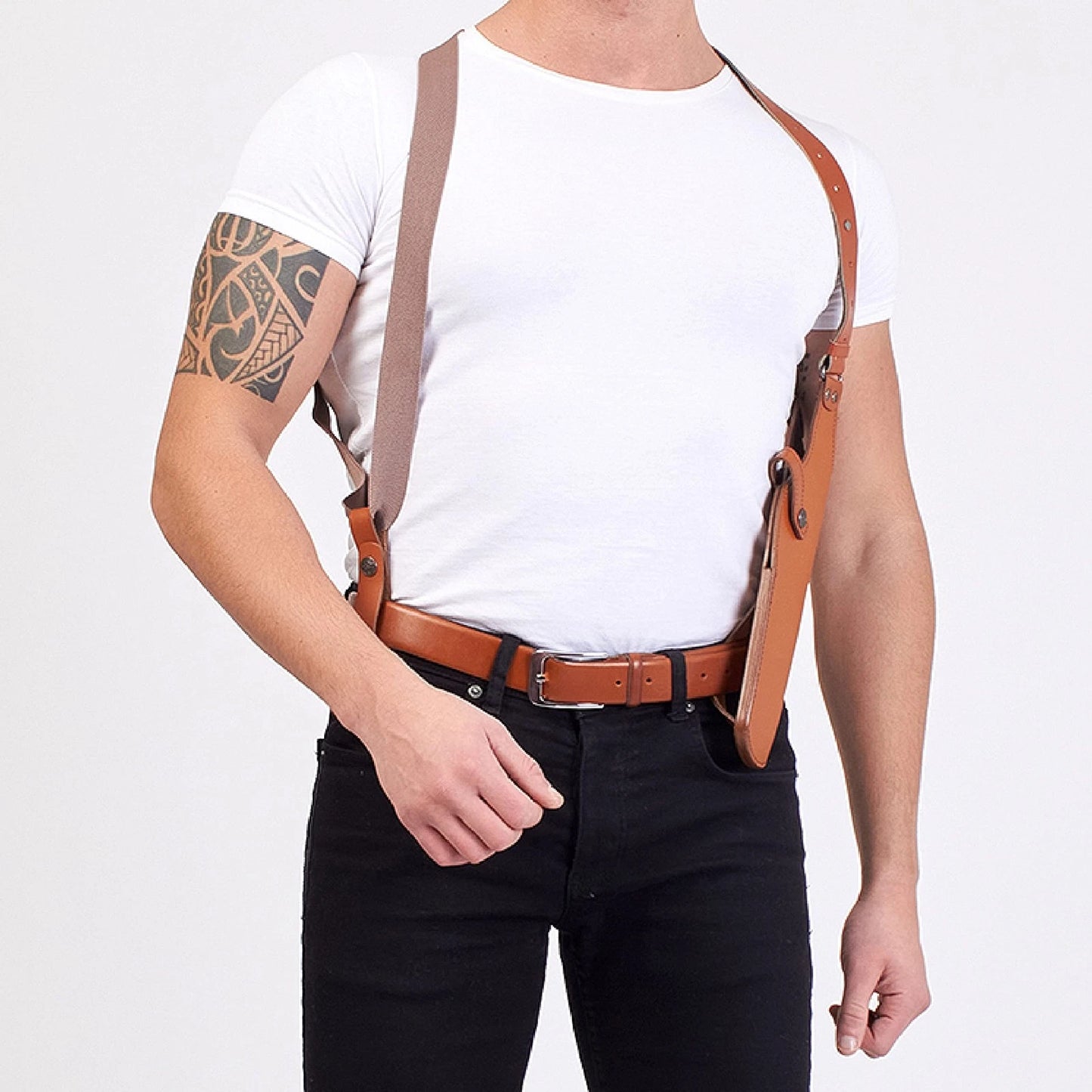 ALIS45206 Vertical Shoulder Leather Holster with Soft Fabric Interior Lining & Double Magazine Pouch Fits Beretta Taurus CZ 75 up to 5” Barrel Handmade!