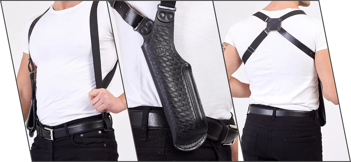 Vertical Shoulder Holster for Beretta 92 92F 96 B803 | Taurus 92&99, Basketweave Leather Shoulder Holster with Double Magazine Pouch Left Handed Handmade! (#L40006-92)