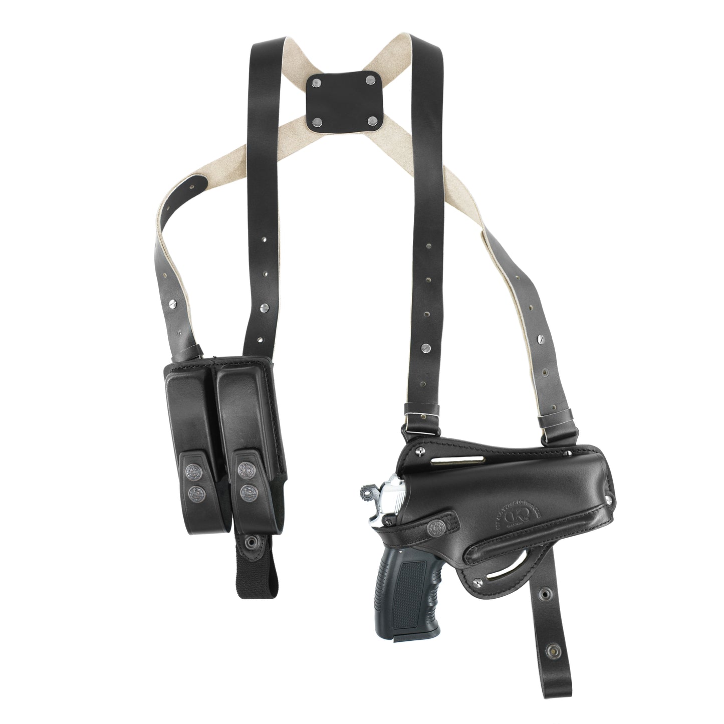 K446 Vertical-Horizontal Shoulder & Belt Holster with Double Mag Pouch Fits Beretta CZ 75 Browning HP Sig Sauer with 4" Barrel (3in1)