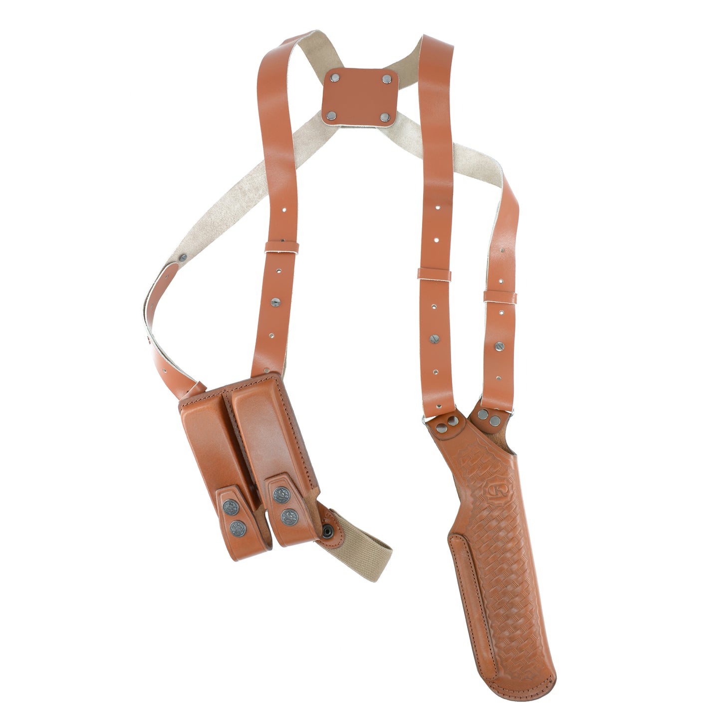 K447 Basketweave Vertical Shoulder Holster with Double Magazine Pouch for Beretta CZ 75 Browning HP Sig Sauer P226 with 4" Barrel RH Handmade