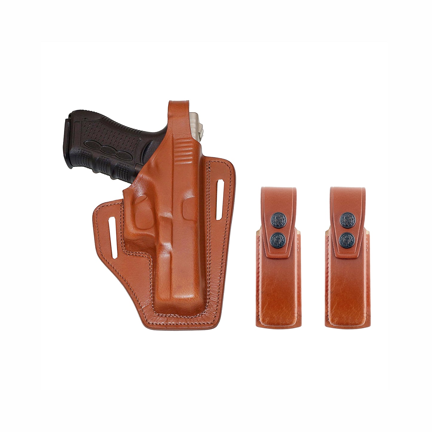 ALIS3372090 Pancake Leather Holster Thumb Break RH & Two Single Magazine Pouches for Glock 17 Glock 22 Handmade!